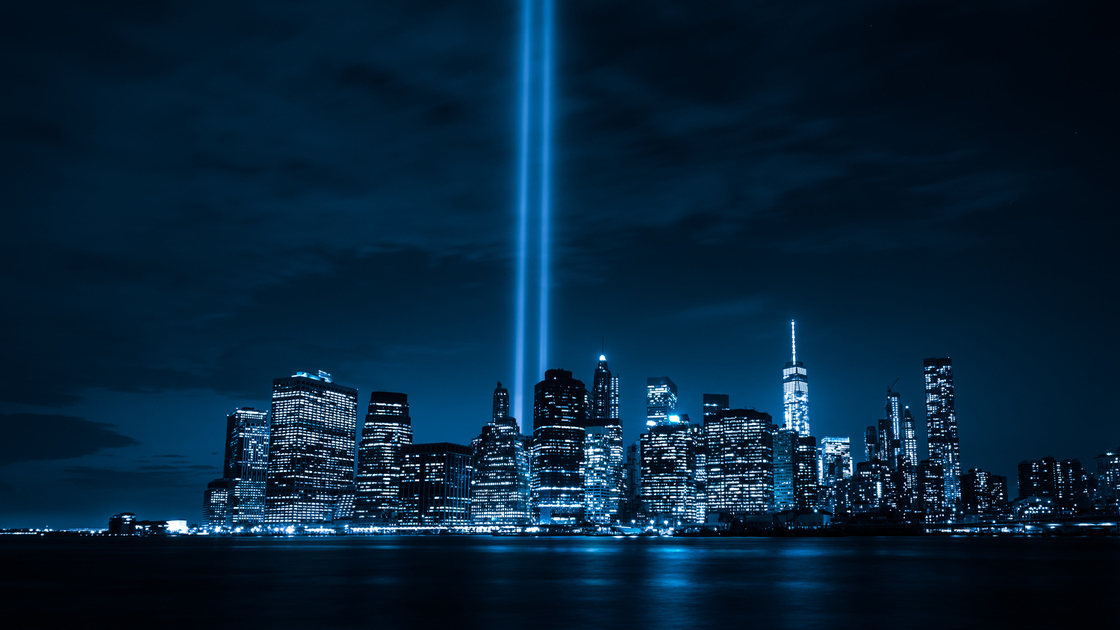 9/11 "Tribute in Light" memorial lit in September, 2015.