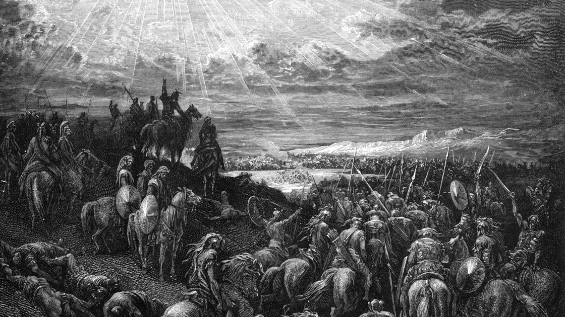 Rare and beautifully executed Engraved illustration of Joshua Commanding the Sun to Stand Still Biblical Engraving from The Popular Pictorial Bible, Containing the Old and New Testaments, Published in 1862. Copyright has expired on this artwork. Digitally restored.