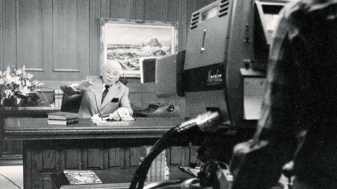 Herbert W. Armstrong filming the world tomorrow program.