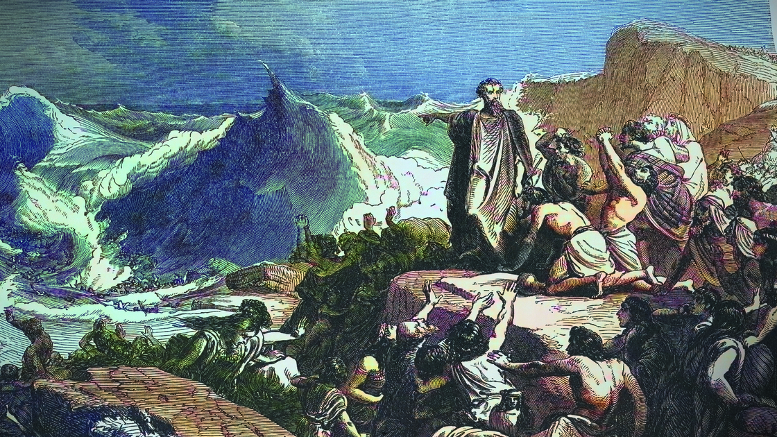 Pharaoh's downfall in the Red Sea (Exodus 14). Wood engraving, published in 1886.