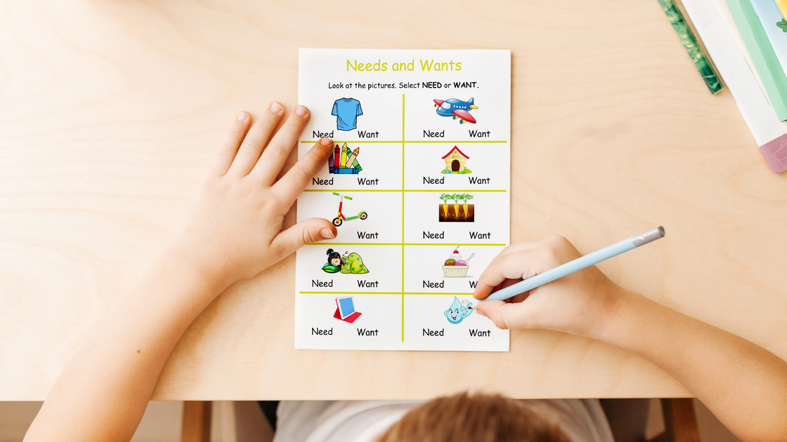 Top view of child hands with pencils. Solving worksheet.