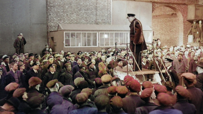 Winston Churchill addressing merchant ships' crews and dockers at Liverpool, April 1941.
The Prime Minister, Mr Winston Churchill, making a speech (in warehouse setting) to merchant ships' crews and dockers at Liverpool, in which he thanked his listeners for their part in helping win the Battle of the Atlantic. One of the Prime Minister's public engagements during his visit to Manchester and Merseyside between 25 and 26 April 1941.