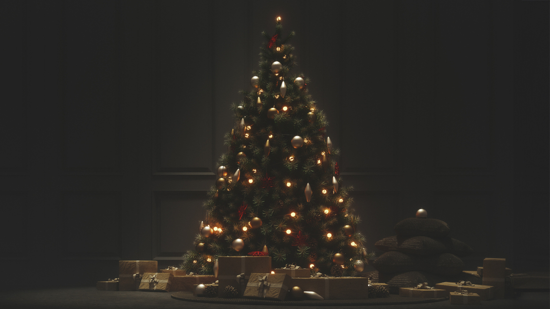 Christmas tree at night. 3D generated image.