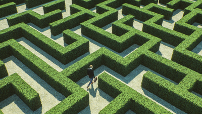Businessman walking in maze. This is entirely 3D generated image.