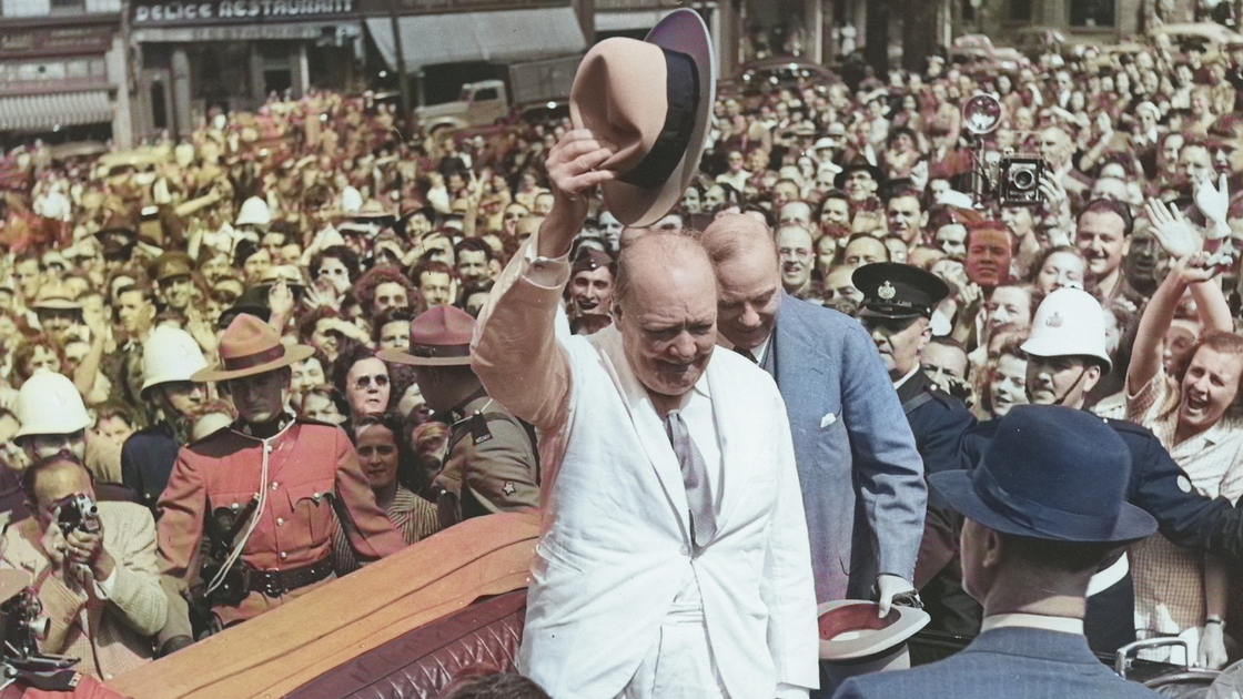 Churchill is greeted by a crowd in Québec City, Canada, 1943.