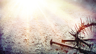 Symbols Of Crucifixion - Mallet and Bloody Nails And Crown Of Thorns On Ground