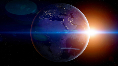 Amazing planet Earth at night with continents and city light on the starry sky. Space, Sun and planet Earth. Europe, Asia, Africa. This image elements furnished by NASA. ______ Url(s): 