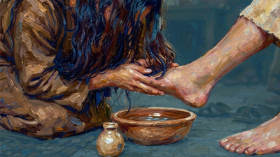 Image of a woman drying a man's feet with her hair out of humility