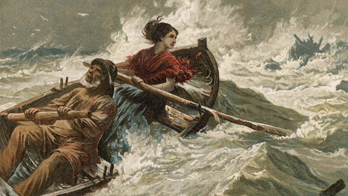 A painting of Grace Darling and her father, William, rowing out at sea to save a shipwrecked crew.