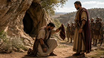 Image depicting David showing Saul how he could have killed him in his sleep but didn't.