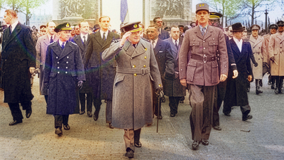 Churchill and Charles de Gaulle (Champs Elysees, Armistice Day, 1944)