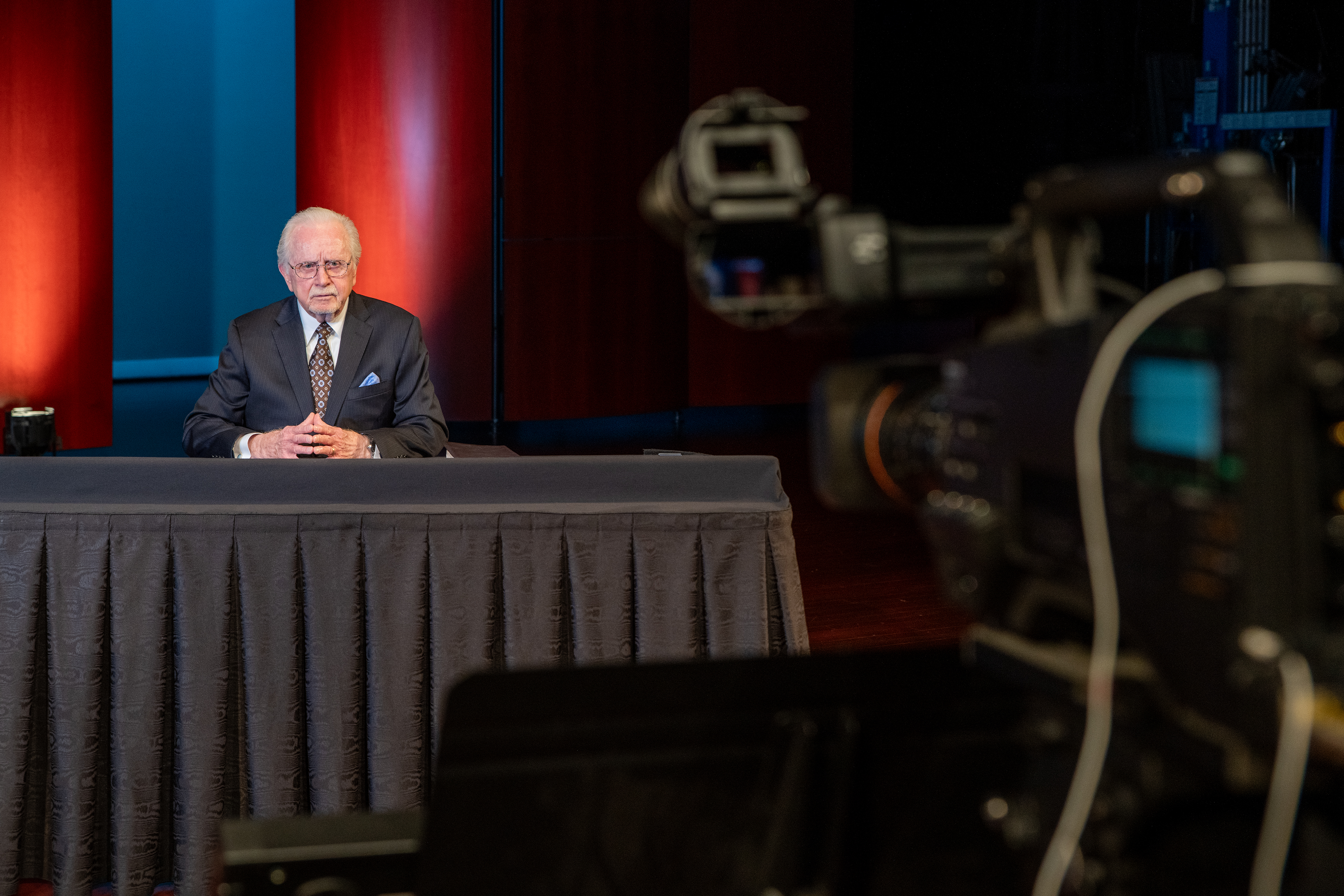 Gerald Flurry records a Key of David episode on the stage of Armstrong Auditorium